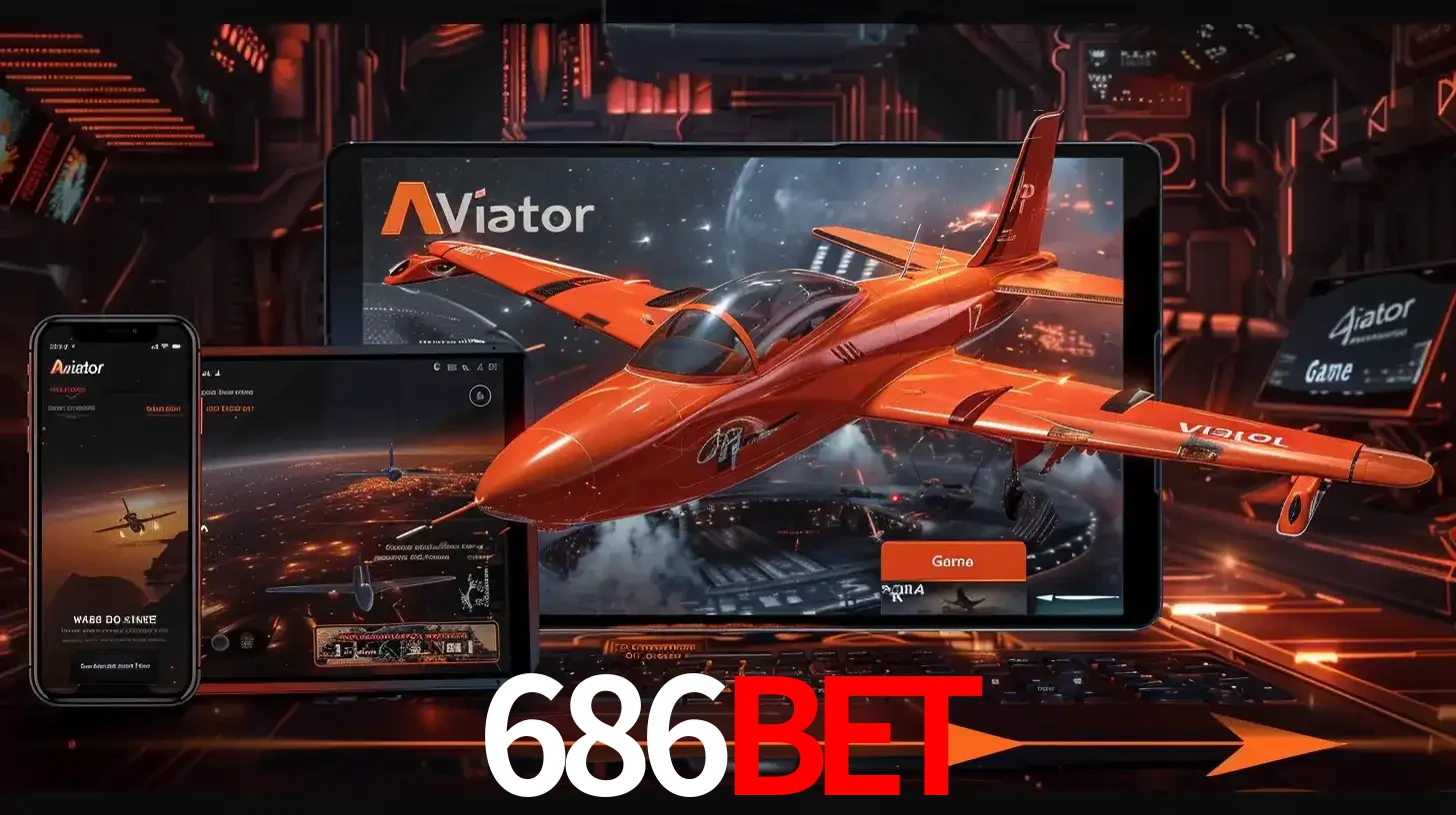 Apresentação tecnológica do jogo Aviator com um avião saindo da tela de um tablet, demonstrando a experiência imersiva em múltiplos dispositivos no 686BET.