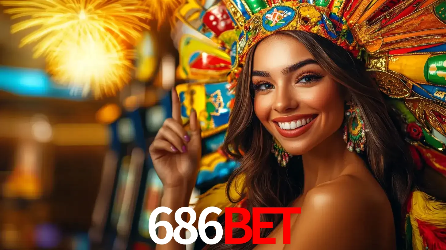 Mulher sorridente com um cocar de carnaval vibrante e colorido, celebrando uma grande vitória nos jogos do cassino 686BET com fogos de artifício ao fundo.