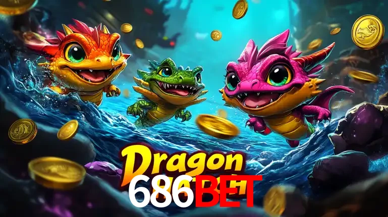 Arte promocional do jogo Dragon Hatch com três adoráveis dragões bebês nadando entre moedas de ouro, um dos slots mais divertidos para jogar no cassino 686BET.