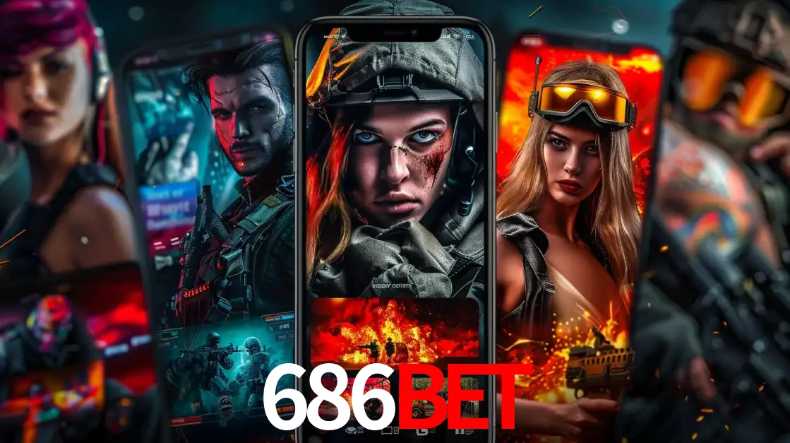 Montagem de telas de celular mostrando diversos personagens, masculinos e femininos, de um jogo de tiro, ilustrando a diversidade de equipes de e-sports para apostar no 686BET.