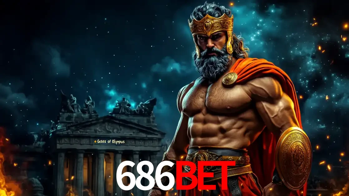 O poderoso Zeus do jogo de slot Gates of Olympus em frente ao seu templo, pronto para lançar multiplicadores divinos e prêmios épicos no cassino online 686BET.