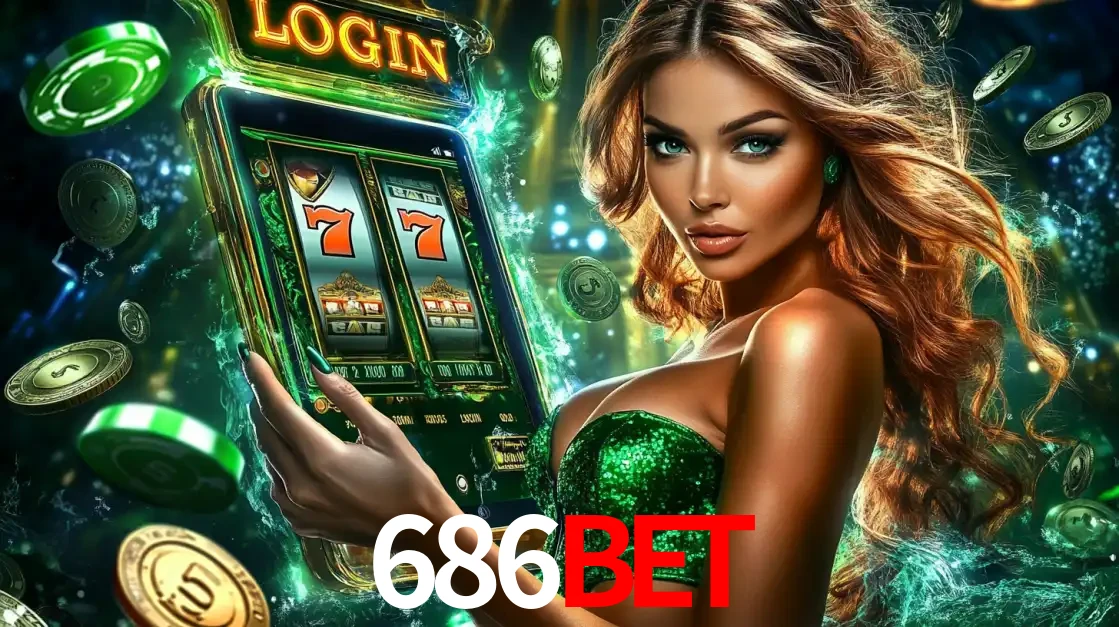 Mulher com tema verde apresentando o aplicativo do cassino 686BET com um jogo de slot de 777, cercada por fichas de cassino e uma aura de sorte.