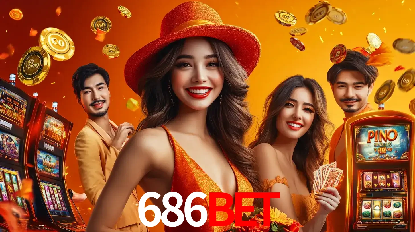 Grupo de amigos asiáticos sorrindo e se divertindo com máquinas de caça-níqueis em um ambiente festivo, celebrando suas vitórias nos jogos de cassino do 686BET.