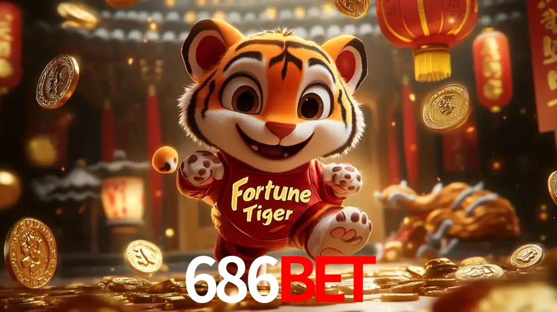 O alegre personagem do Fortune Tiger correndo sobre um caminho de moedas de ouro, simbolizando os grandes prêmios e a diversão do popular jogo de slot do 686BET.