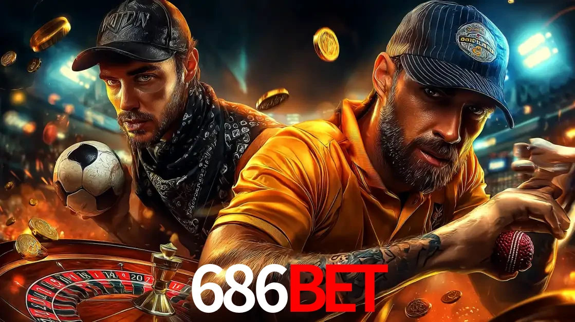 Montagem de apostas esportivas e cassino no 686BET, com um homem segurando uma bola de futebol e outro uma de beisebol sobre uma roleta e moedas voadoras.