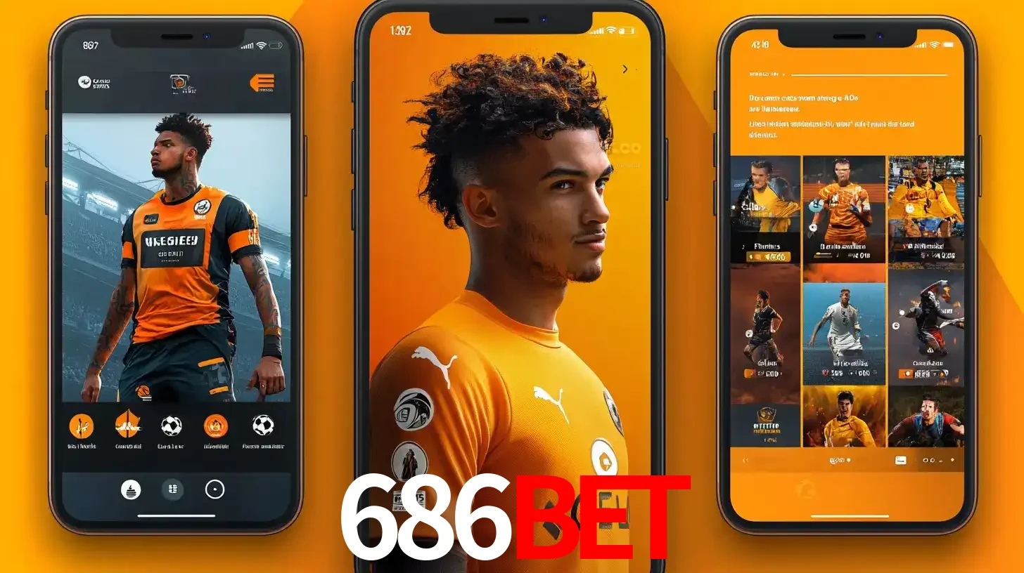 Interface do aplicativo de apostas esportivas 686BET em três telas de celular, mostrando o perfil de um jogador de futebol e a lista de jogos disponíveis para apostar.