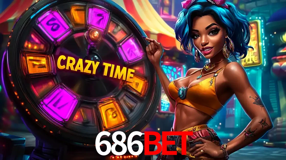 Mulher estilizada com cabelo azul e visual vibrante posando ao lado da roda de prêmios do game show Crazy Time, convidando para a diversão e os bônus do cassino 686BET.