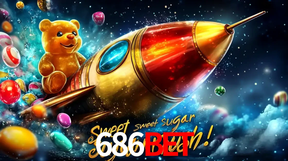 Arte promocional do jogo de slot Sugar Rush, com um urso de pelúcia em um foguete viajando pelo espaço de doces, um dos jogos divertidos disponíveis no cassino 686BET.