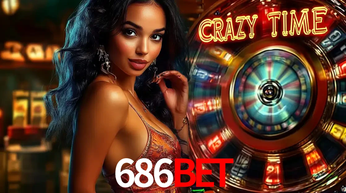 Mulher elegante ao lado da vibrante roda da fortuna do jogo de cassino ao vivo Crazy Time, um dos game shows mais populares e cheios de prêmios do 686BET.